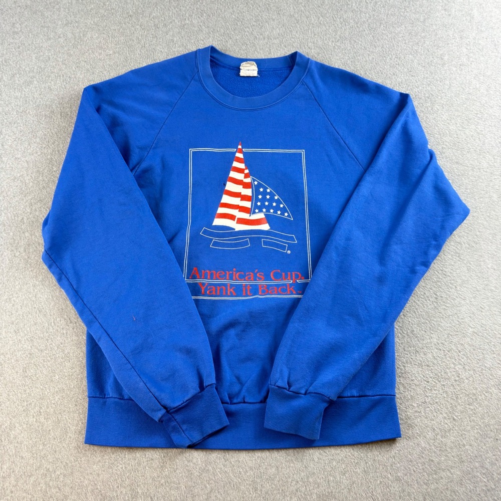 Vintage 80s Americas Cup Yank it Back Sweatshirt Blue XL USA Made Raglan NOTE